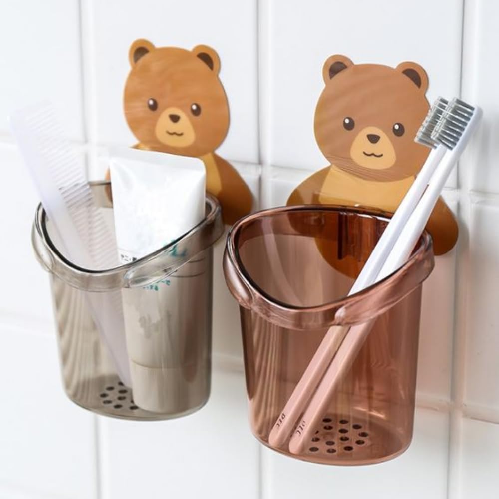 Zulaxy Plastic 2 Pack Toothbrush Holders For Bathroom Waterproof Self Adhesive Wall Mount For All Types Tooth Brush, Toothpaste, Face-Cream, Teddy Bear Shaped With Cup Drain (Multicolor)