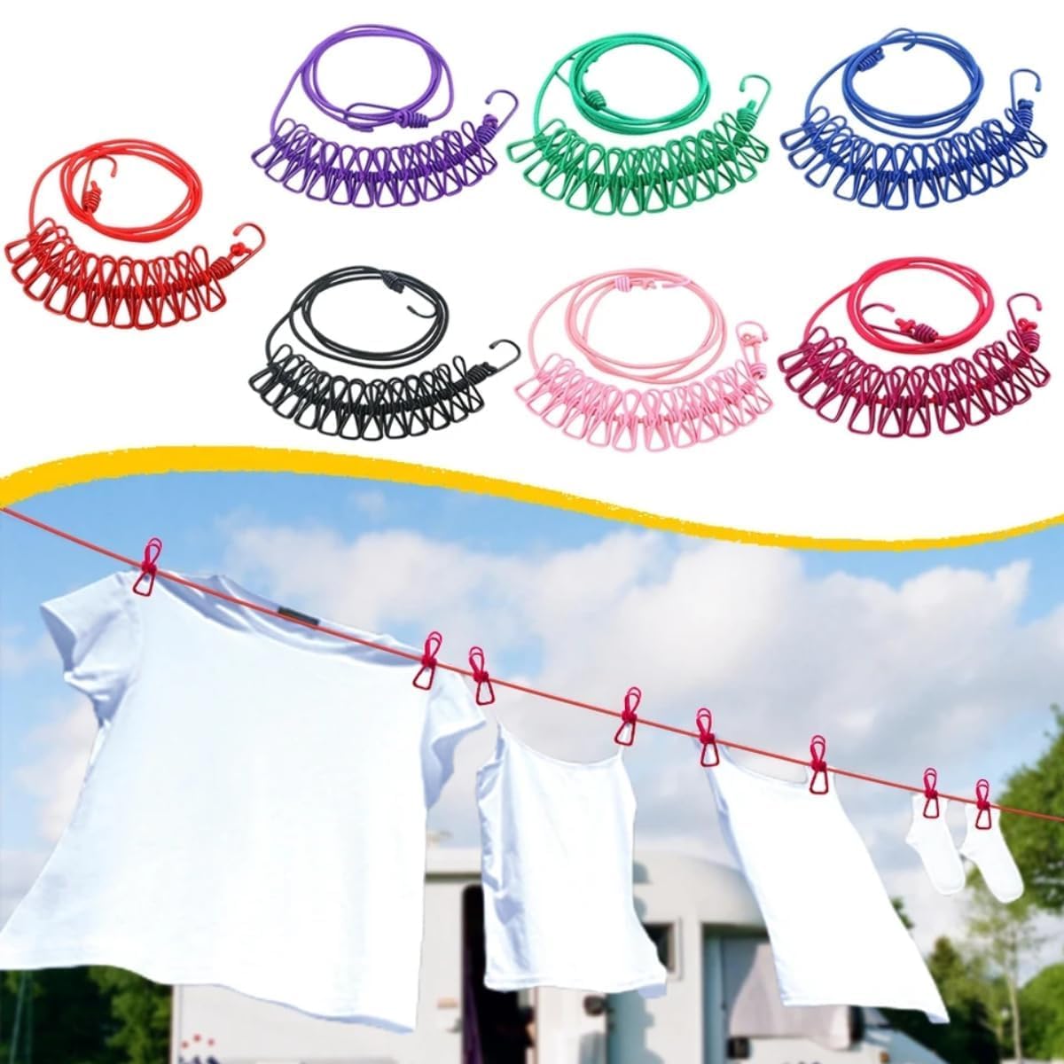 TEKCOOL Cloth Drying Rope with Hooks (Pack of 1) Elastic Cloth Hanging Rope for Cloth Drying with 12 Clips Cloth Rope for Drying Clothes for Travel Home Outdoor Kapde Sukhane ki Rassi Wire -Multicolor