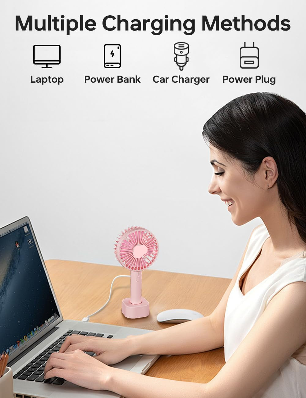 UN1QUE Mini Hand Fan Rechargeable, Powerful Brushless Motor Handheld Fan, 3 Speed Large Blades, 1800mAh Battery, Personal Small Fan with Base for Women and Men (Pink)