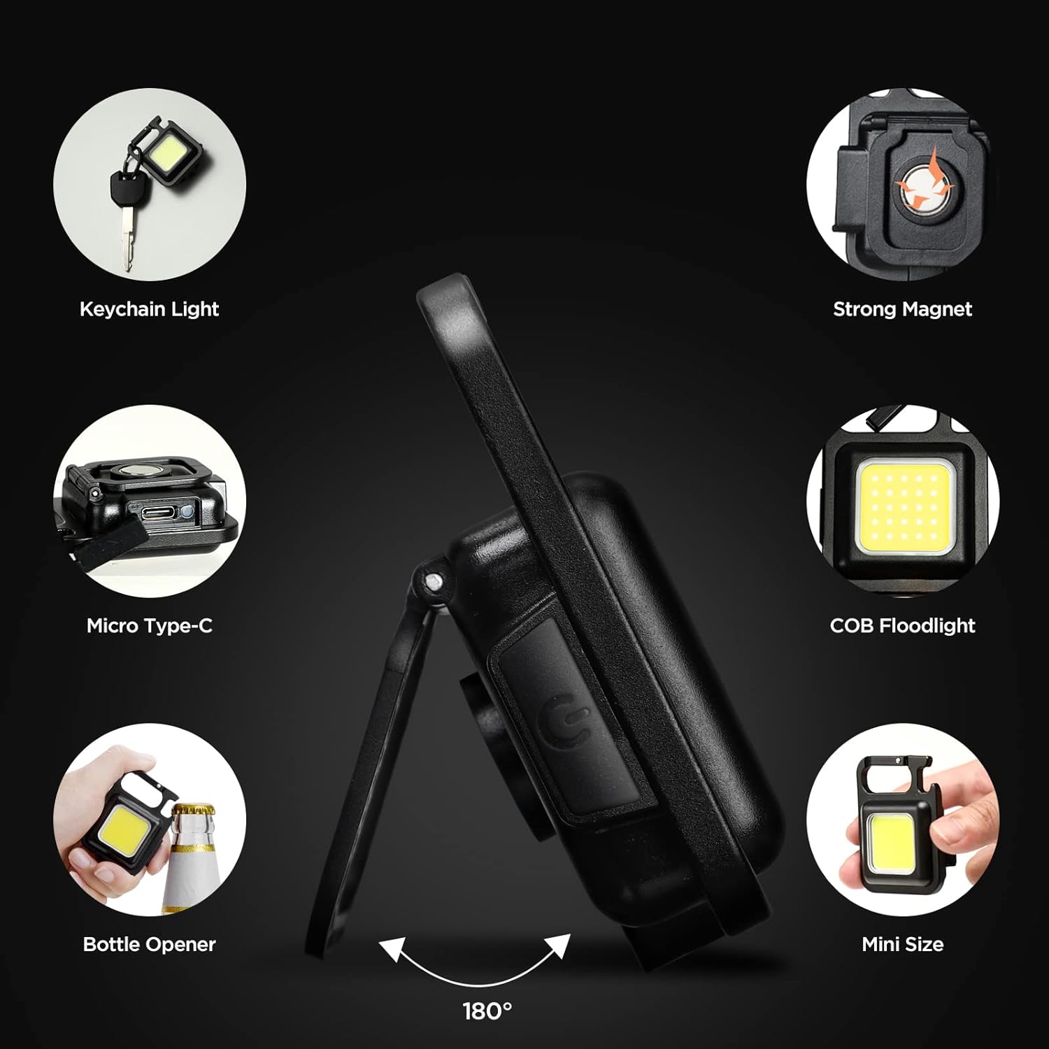 DOTCOM Led Mini Cob Keychain and Magentic Flashlight Portable USB Rechargeable Light 3 Light Modes with Folding Bracket,for Walking Camping?Square?,Black