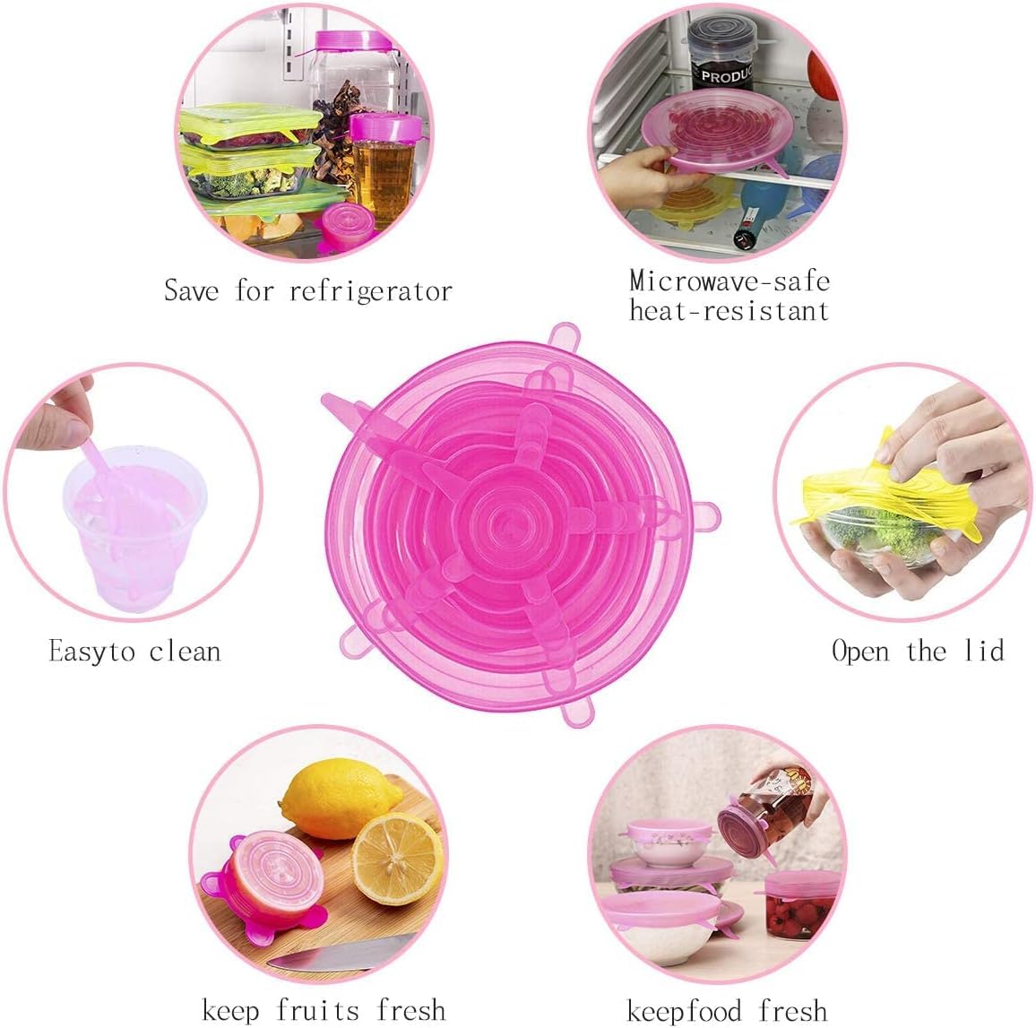 Carrot - Silicone Stretch Lids, Multi Size Reusable Silicone Lids Food and Bowl Covers, Dishwasher and Freezer Safe (Pink Color - Pack of 6)