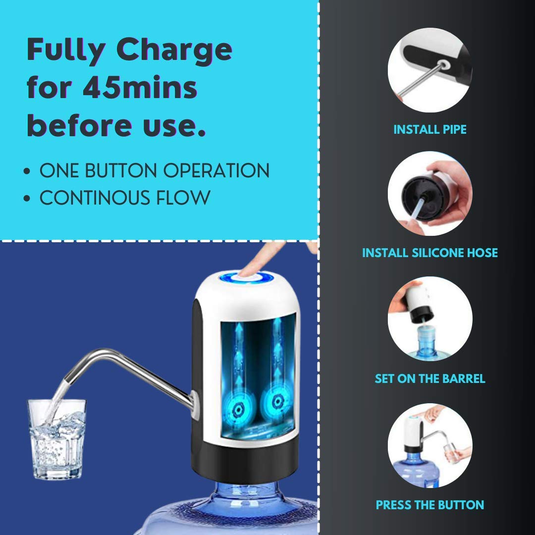 Suzec USB Charging Automatic Stainless-Steel Plastic Drinking Portable Electric Switch Water Dispenser for Universal 5 Gallon Bottle (10 x 5 x 5 cm, Black)