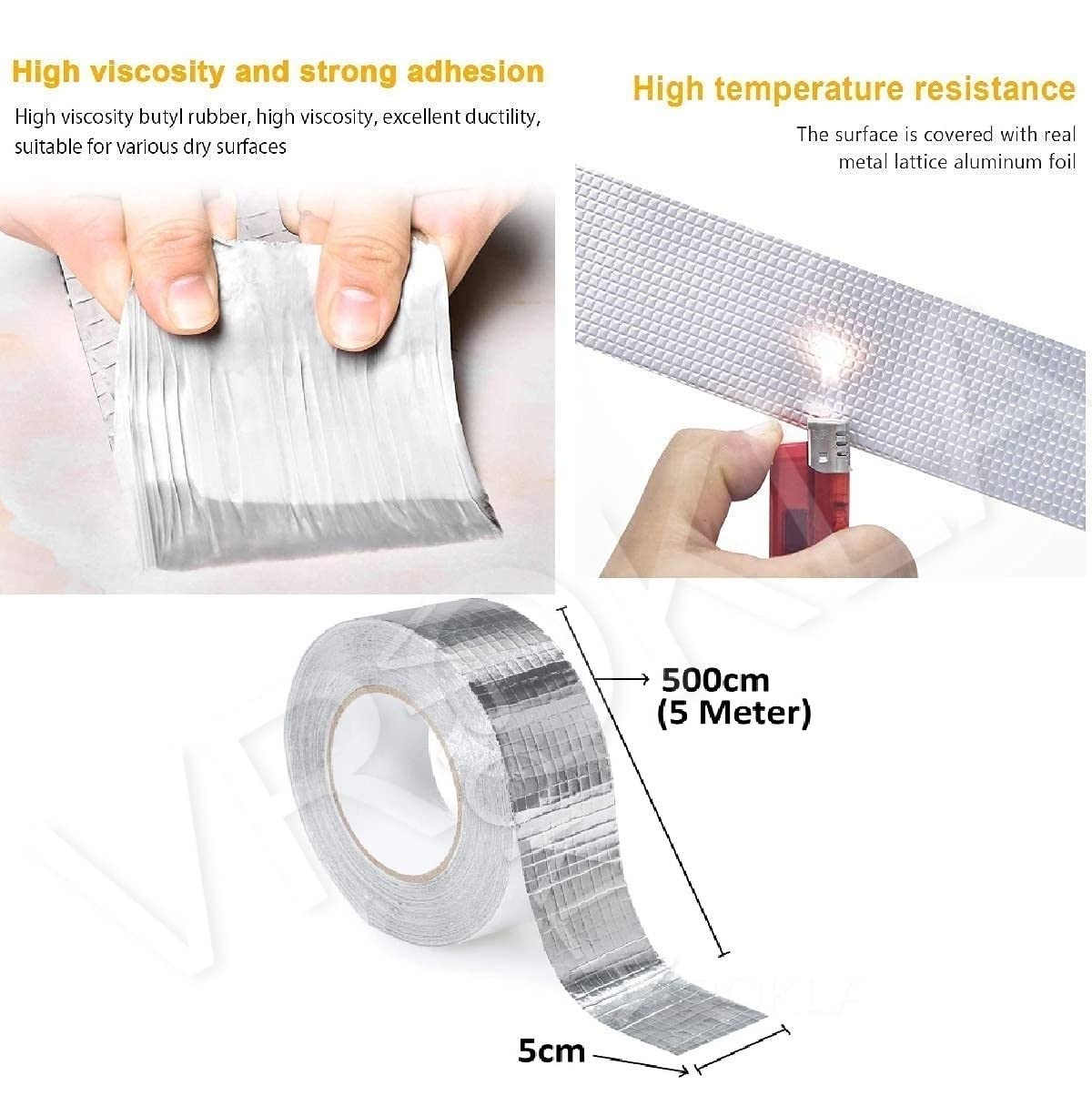 VROKLA Waterproof Repair Tape for Pipe Leakage Roof Water Leakage Solution Aluminium Foil Tape Waterproof Adhesive Sealing Butyl Rubber Tape for Surface Crack (5cmx5m) (Silver)