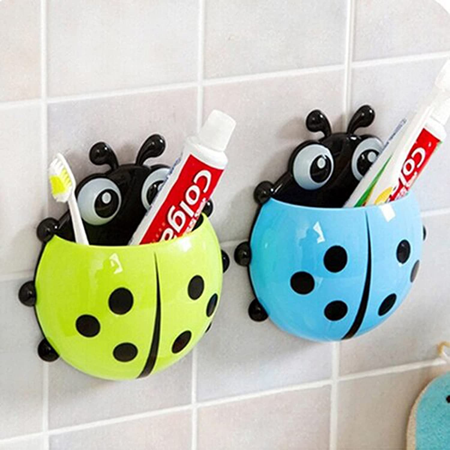 Worldwide e-Mart Ladybug Insect Wall Mount Toothbrush Holder Bathroom Item Organizer Brush Holder for Kids Also Suitable for Pencil,Pen, Brush, Toothpaste, Colors, Makeup (Pack of 1, Blue)