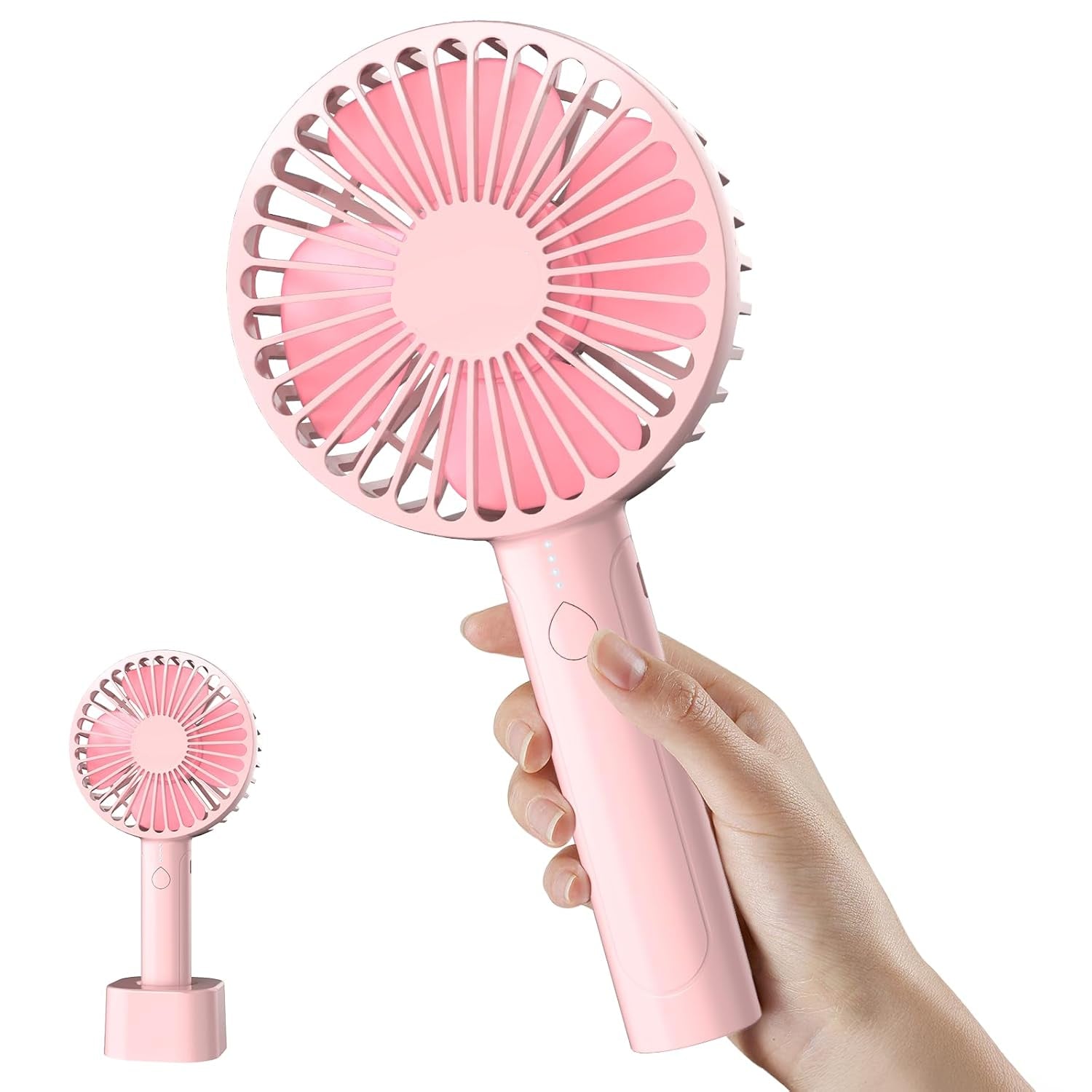 UN1QUE Mini Hand Fan Rechargeable, Powerful Brushless Motor Handheld Fan, 3 Speed Large Blades, 1800mAh Battery, Personal Small Fan with Base for Women and Men (Pink)