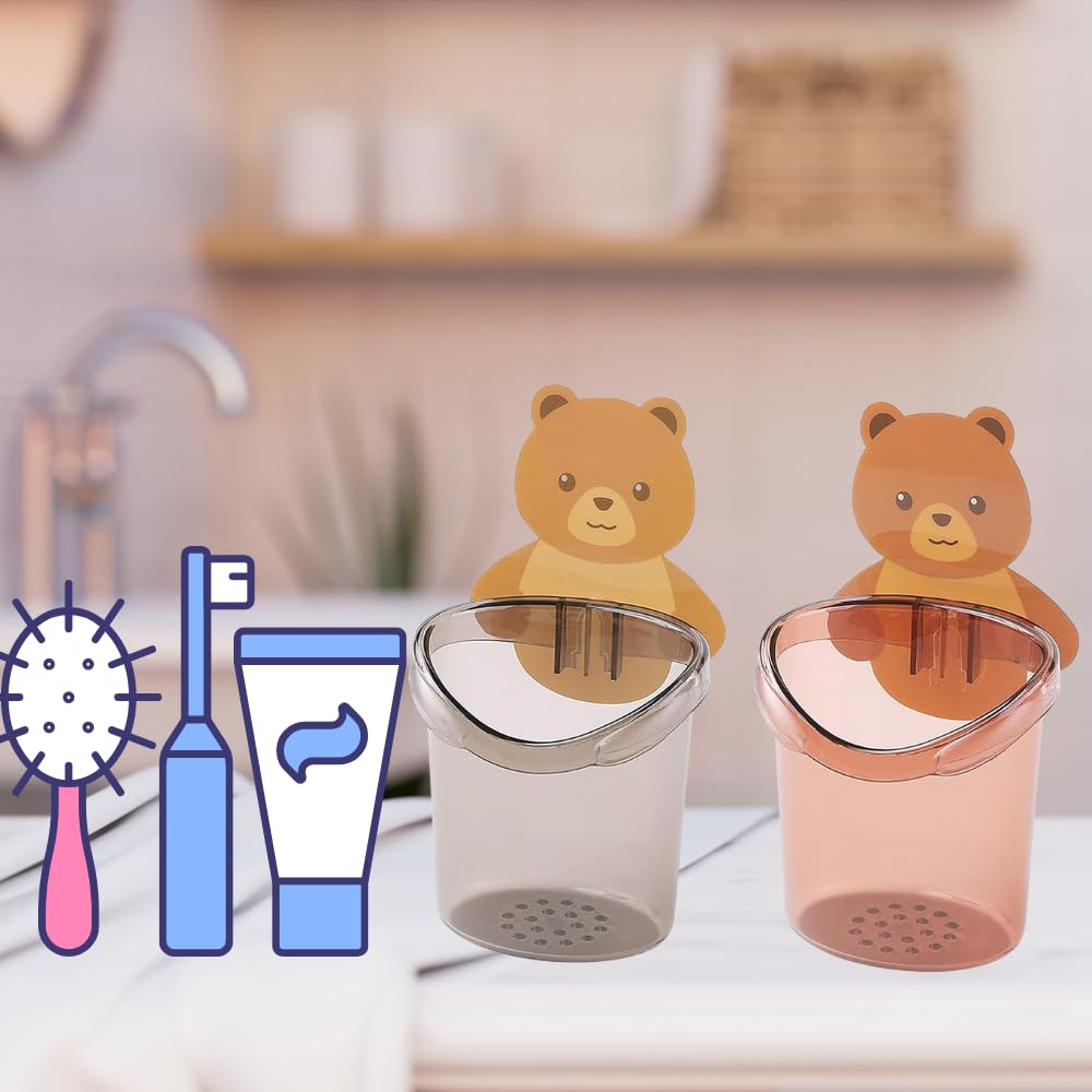 Zulaxy Plastic 2 Pack Toothbrush Holders For Bathroom Waterproof Self Adhesive Wall Mount For All Types Tooth Brush, Toothpaste, Face-Cream, Teddy Bear Shaped With Cup Drain (Multicolor)