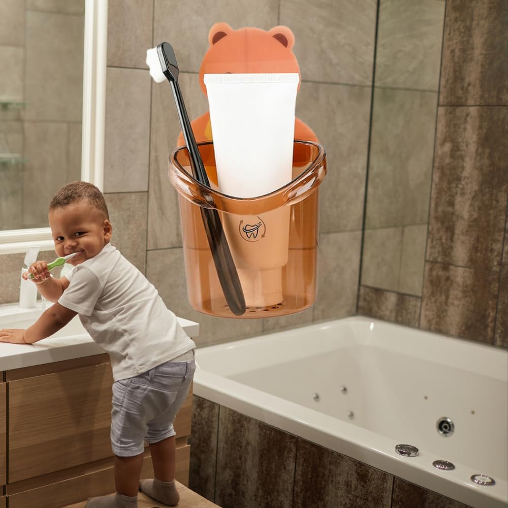 Zulaxy Plastic 2 Pack Toothbrush Holders For Bathroom Waterproof Self Adhesive Wall Mount For All Types Tooth Brush, Toothpaste, Face-Cream, Teddy Bear Shaped With Cup Drain (Multicolor)