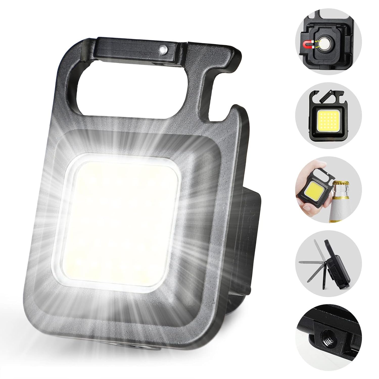 DOTCOM Led Mini Cob Keychain and Magentic Flashlight Portable USB Rechargeable Light 3 Light Modes with Folding Bracket,for Walking Camping?Square?,Black