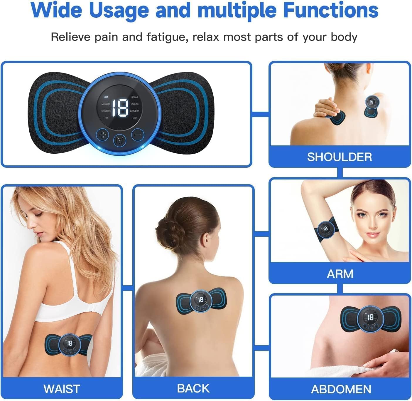 EASYSHOP Butterfly Massager Machine for Pain Relief, Rechargeable Full Body TENS Massager with 8 Modes 19 Levels Wireless Vibration Machine for Shoulder Neck Arm Leg, Perfect for Men Women, Black