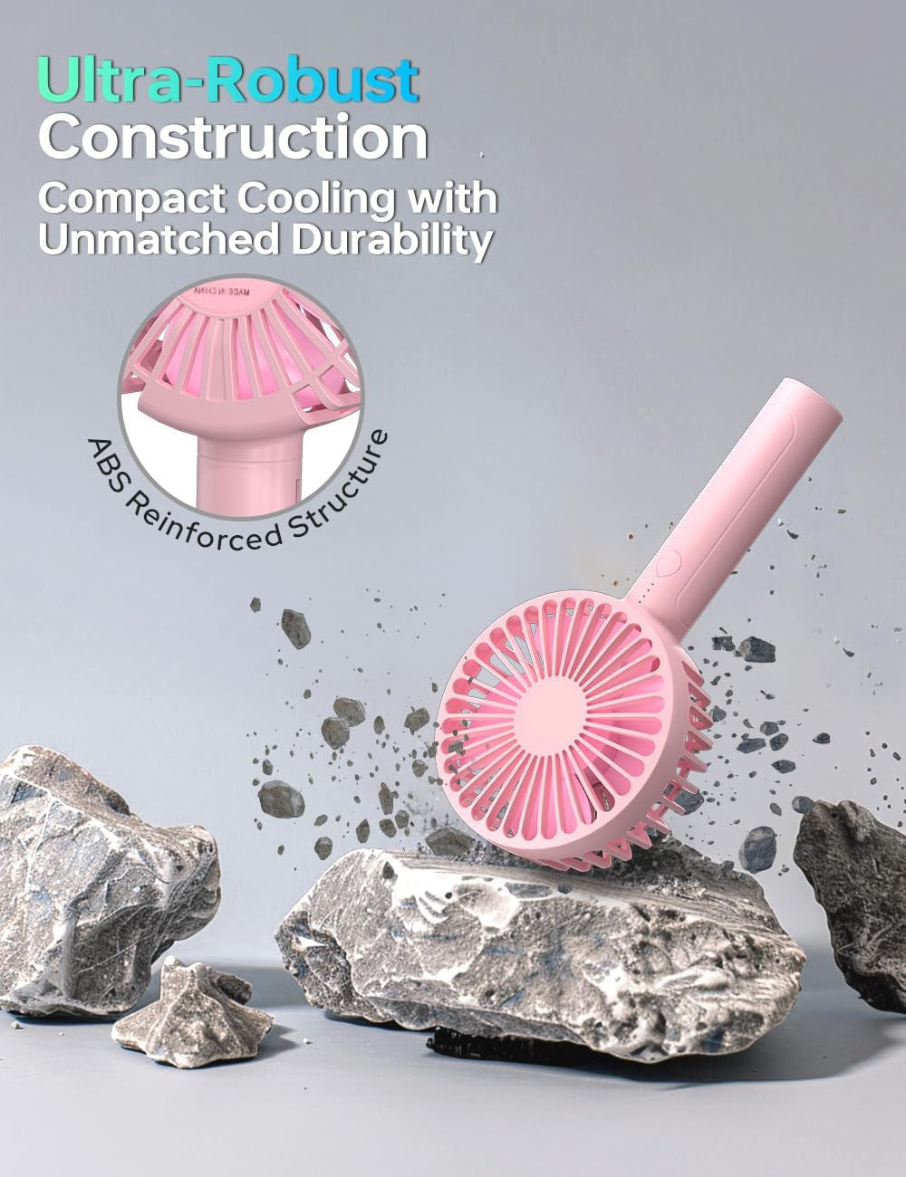 UN1QUE Mini Hand Fan Rechargeable, Powerful Brushless Motor Handheld Fan, 3 Speed Large Blades, 1800mAh Battery, Personal Small Fan with Base for Women and Men (Pink)