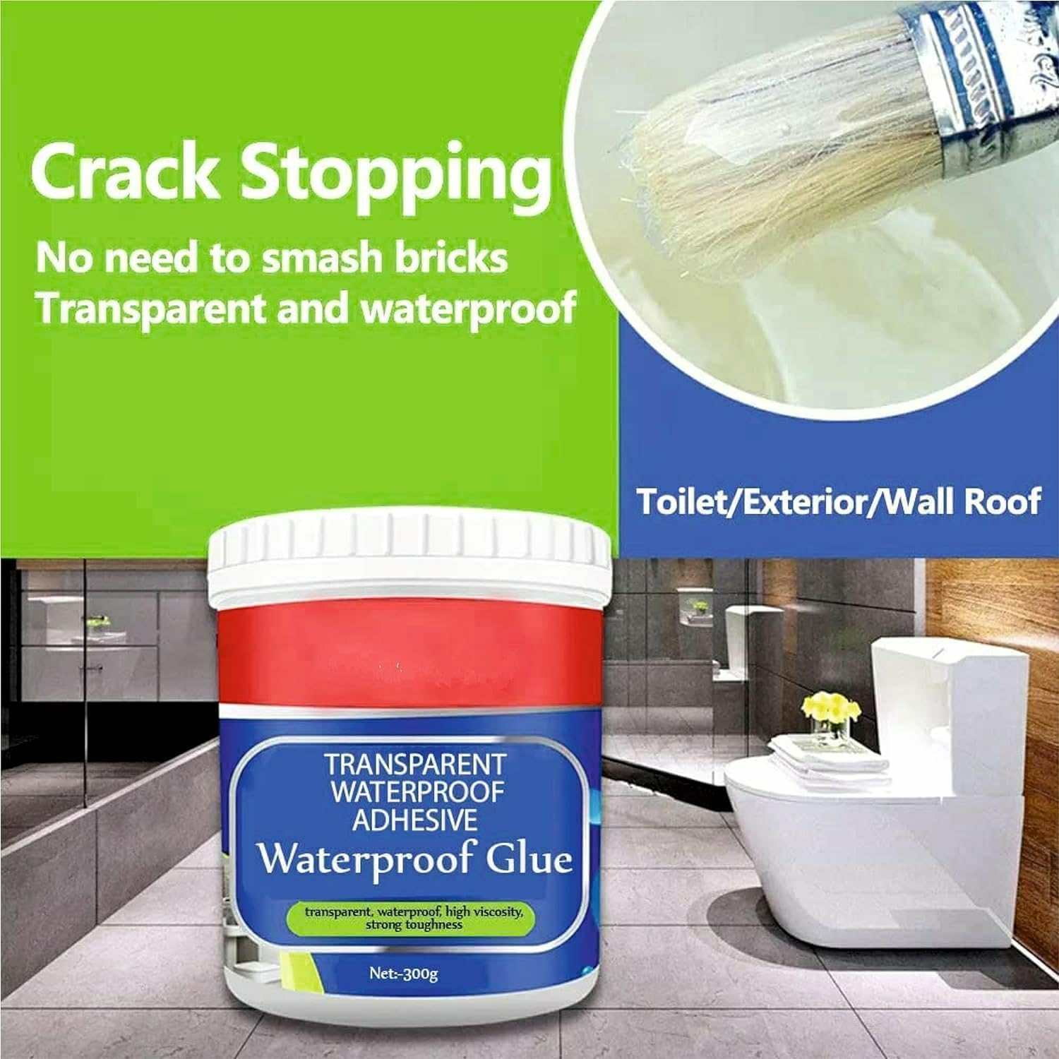Waterproof Glue for Roof Leakage: Strong Invisible Paint Sealant & Transparent Coating Repair, Super Liquid Adhesive Insulating Chemical Solution with Brush (300ml)