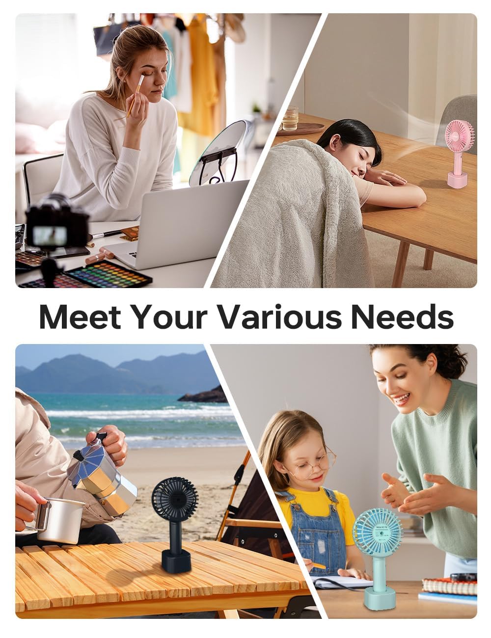 UN1QUE Mini Hand Fan Rechargeable, Powerful Brushless Motor Handheld Fan, 3 Speed Large Blades, 1800mAh Battery, Personal Small Fan with Base for Women and Men (Pink)