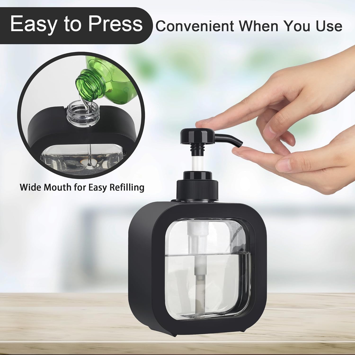 Emoh Roced Hand wash Dispenser Bottle Refillable Soap Dispenser for Bathroom Kitchen Hand Soap Dish Soap Shower Gel Shampoo Lotion Liquid Dispenser Empty Bottle Pack of 1(Black)