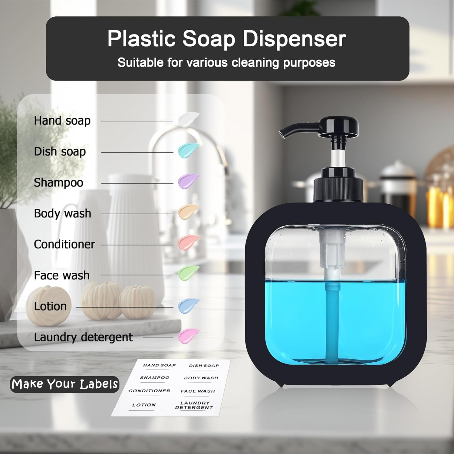 Emoh Roced Hand wash Dispenser Bottle Refillable Soap Dispenser for Bathroom Kitchen Hand Soap Dish Soap Shower Gel Shampoo Lotion Liquid Dispenser Empty Bottle Pack of 1(Black)