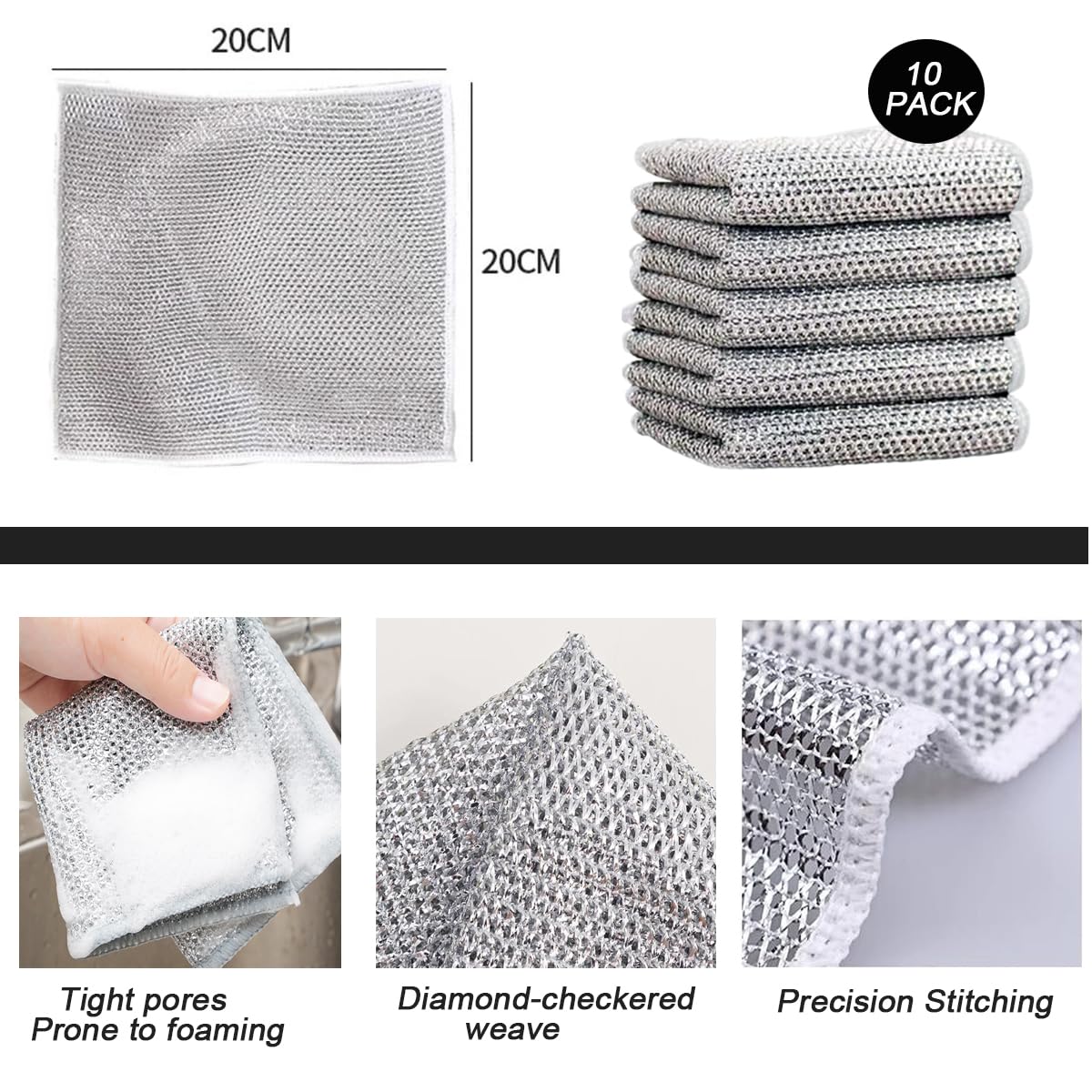 10 PCS Multipurpose Wire Dishwashing Rag for Wet and Dry,Non-Scratch Wire Dishcloth,Scrubbing Wire Dishwashing Rags,Time-Saver Kitchen Wipes Cleaning Cloths (Monolayer)