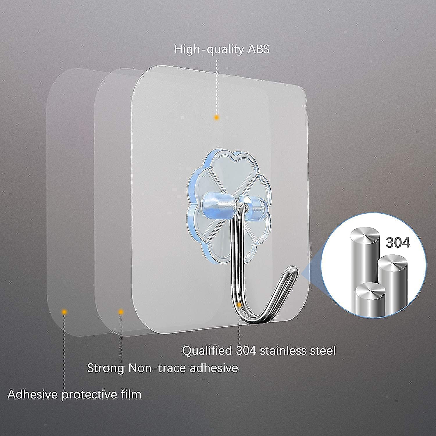 Solitude 20 Pcs PVC Heavy Duty Self Adhesive Stainless Hooks, Transparent Waterproof and Oilproof Wall Hooks for Kitchen Bathroom Shower Door Outdoor Home Improvement Utility Hook
