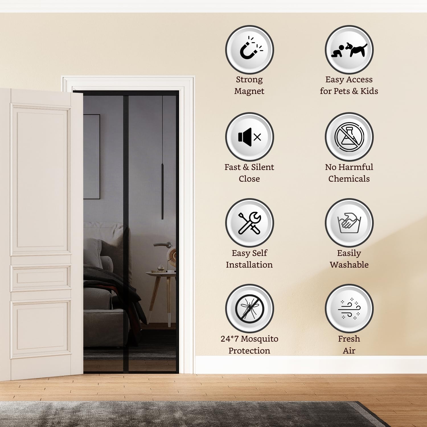 Amazon Brand - Solimo Fiberglass Magnetic Mosquito Net Screen Door - Hands Free Mesh Partition | Auto-Closing Insect Screen to Keep Pests Out (200x90 cm, Grey)