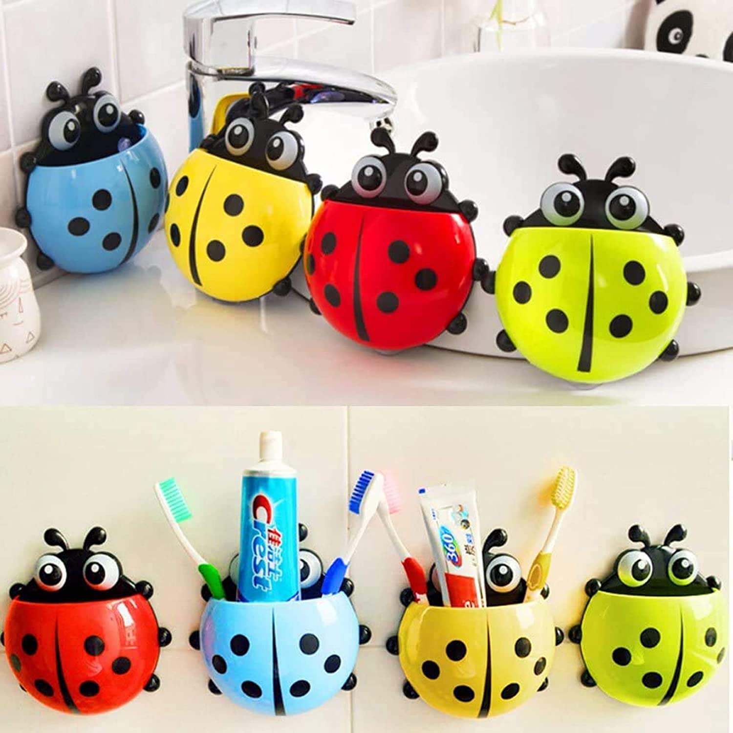 Worldwide e-Mart Ladybug Insect Wall Mount Toothbrush Holder Bathroom Item Organizer Brush Holder for Kids Also Suitable for Pencil,Pen, Brush, Toothpaste, Colors, Makeup (Pack of 1, Blue)