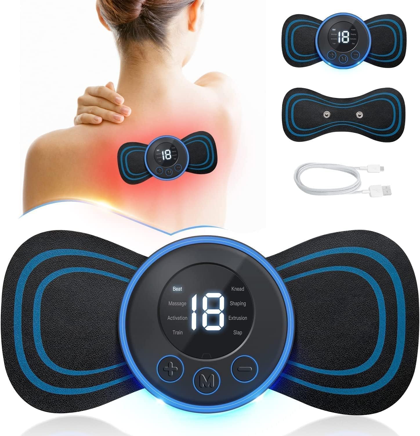 EASYSHOP Butterfly Massager Machine for Pain Relief, Rechargeable Full Body TENS Massager with 8 Modes 19 Levels Wireless Vibration Machine for Shoulder Neck Arm Leg, Perfect for Men Women, Black