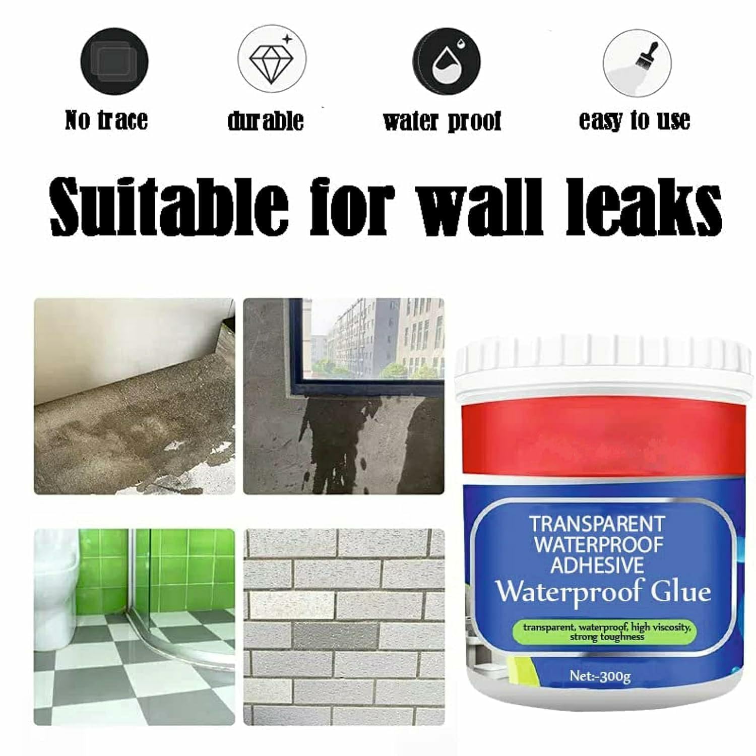 Waterproof Glue for Roof Leakage: Strong Invisible Paint Sealant & Transparent Coating Repair, Super Liquid Adhesive Insulating Chemical Solution with Brush (300ml)
