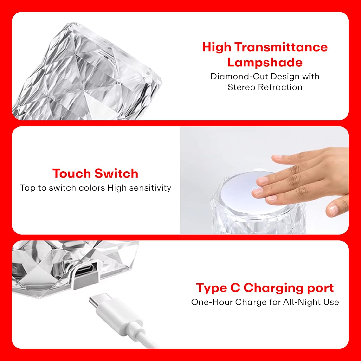 PRIME PICK Crystal Lamp,16 Color Changing Rose Crystal Diamond Table Lamp,USB Rechargeable Touch Bedside Lamp Night Light with Remote Control, for Bedroom Living Room Party Dinner Decor