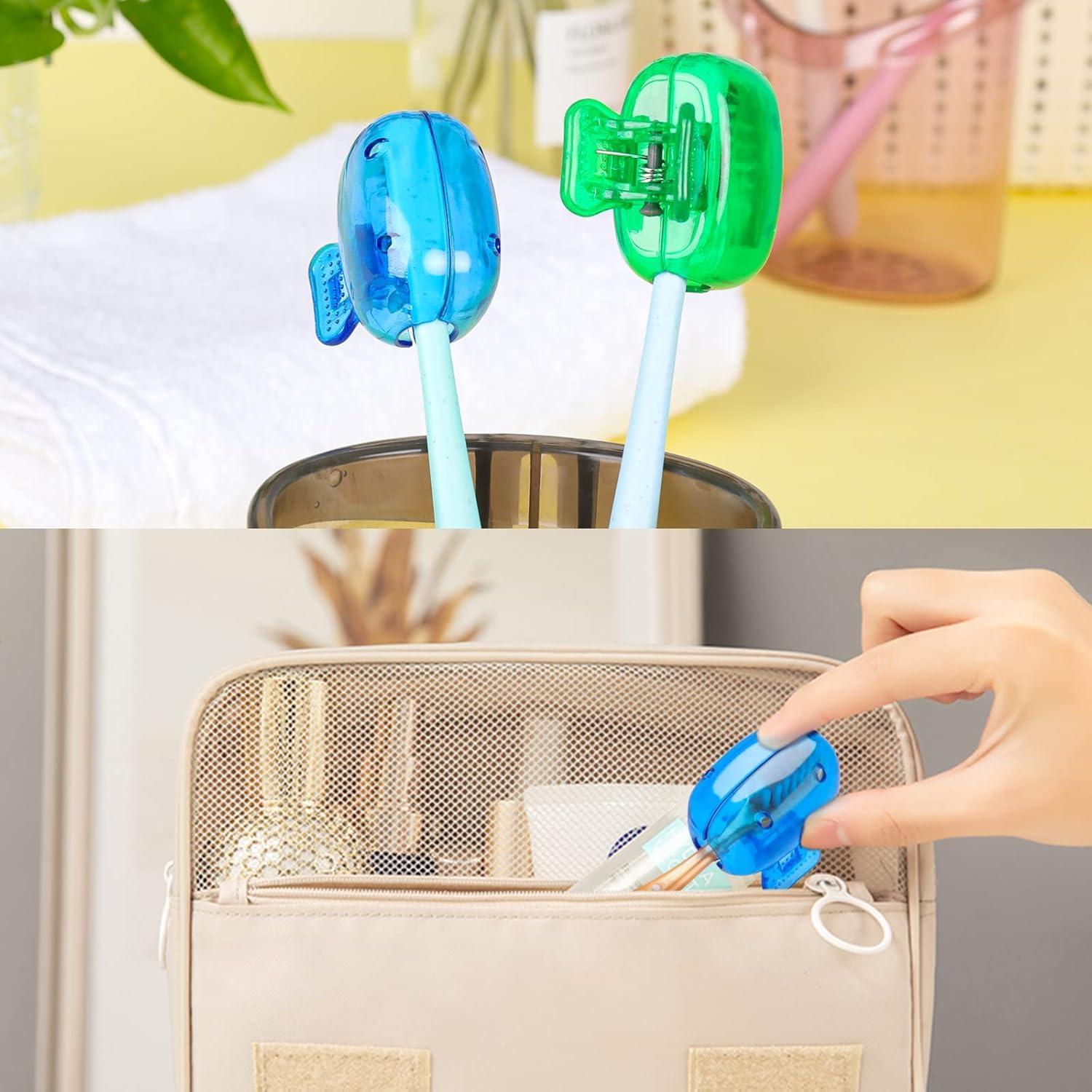 AMOAMI Toothbrush Head Cover Set - Portable Toothbrush Head Protector, Protective Portable Plastic Clip's Toothbrush Cover for Household Travel, Camping, Bathroom, School, Work.Multicolor - 4-Pack