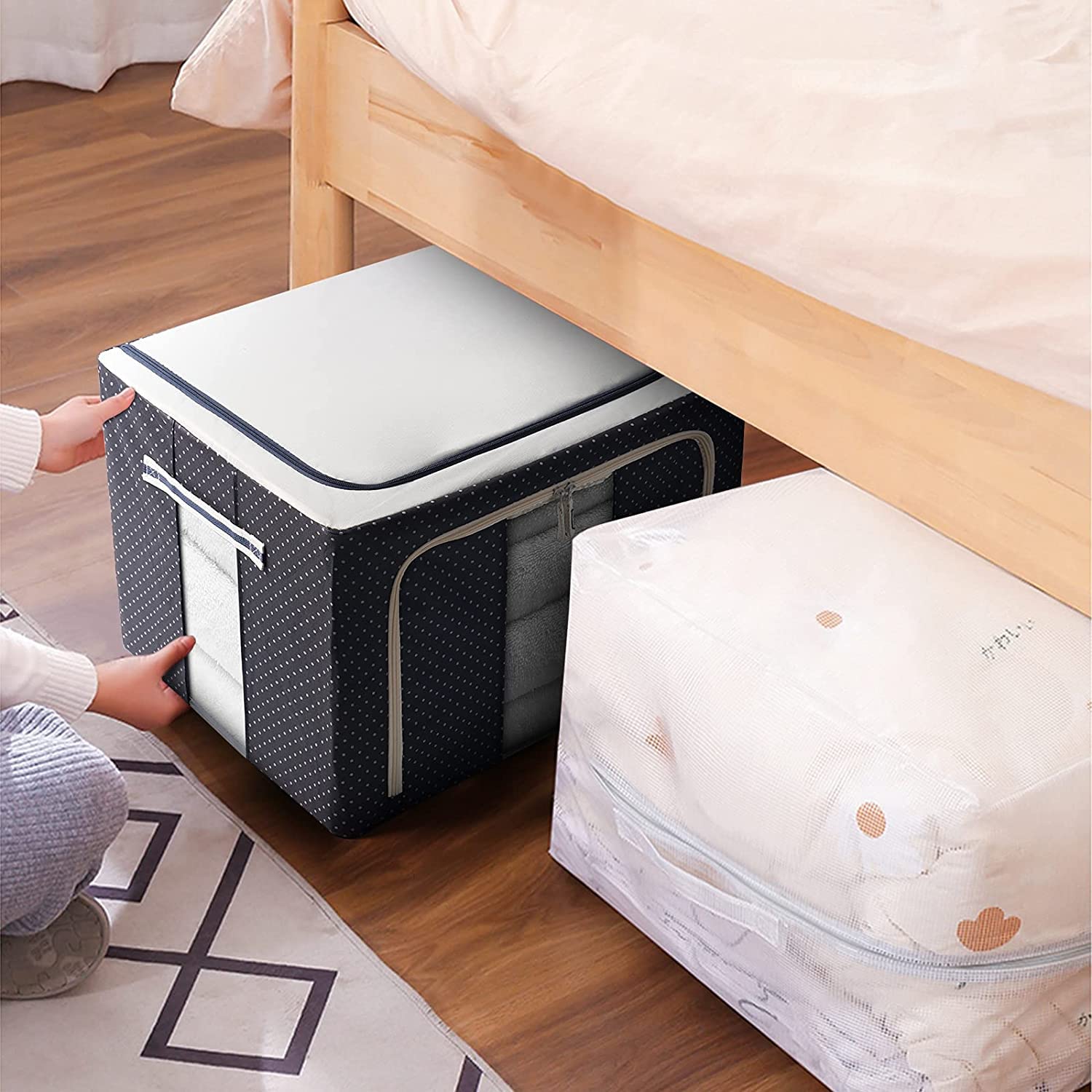 Nirency Foldable & Collapsible Large 66L Garment Storage Bag For Wardrobe, Cloth Organizer Clothes Box, Saree Cover Dress Organiser (Pack Of 1) (Oxford Fabric Metal), Blue