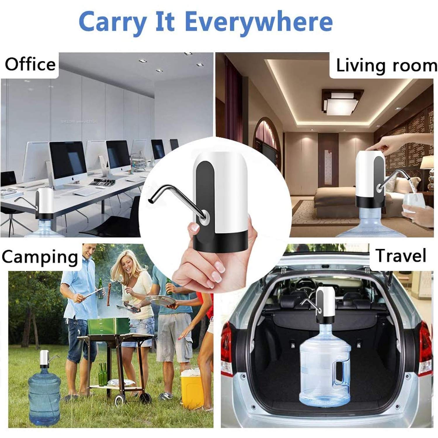 Suzec USB Charging Automatic Stainless-Steel Plastic Drinking Portable Electric Switch Water Dispenser for Universal 5 Gallon Bottle (10 x 5 x 5 cm, Black)