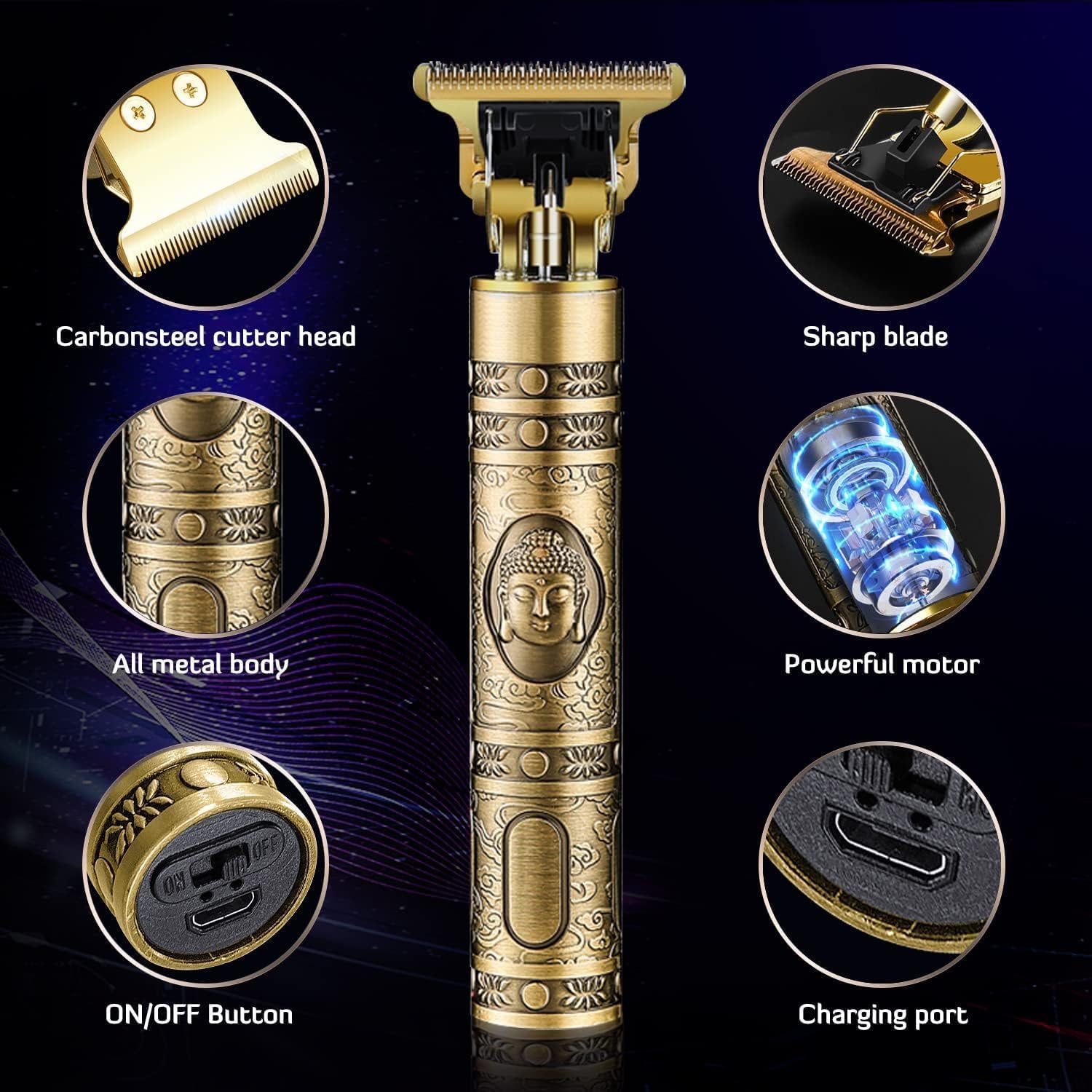 Golden Buddha Style Trimmer For Men Professional Hair Clipper, Adjustable Blade Clipper, Retro Oil Head Close Cut Precise hair Trimming Machine T9