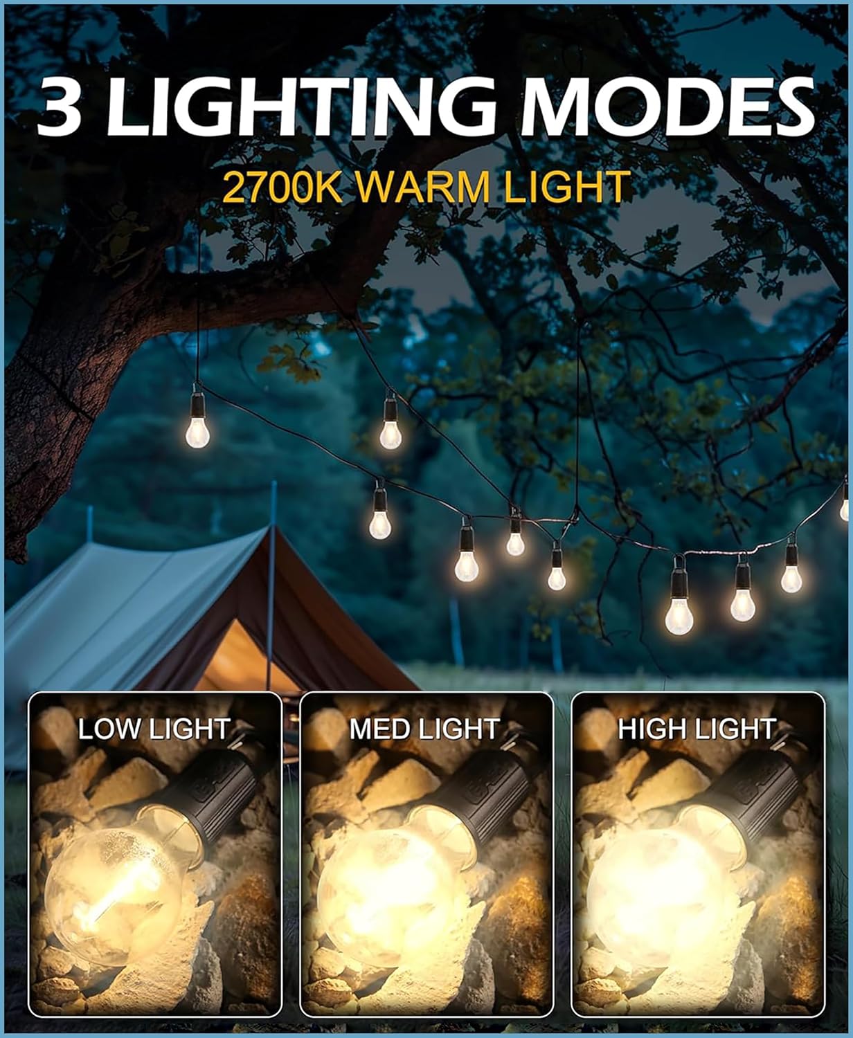 GLUN® Rechargeable Camping Lights, Waterproof LED Bulb Tent Lights with USB Type C Cable, 3 Modes Hanging Camping Lantern Bulb Pack of 1 PCS (Normal)