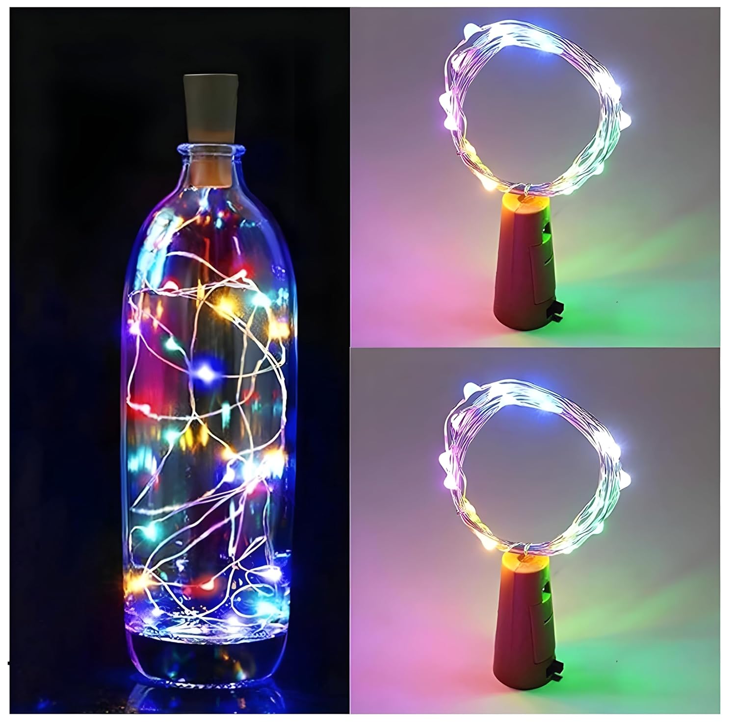 Dazzling & Divine 20 LED Multi Color Wine Bottle Cork Lights Copper Wire String Lights, 2M Battery Operated Wine Bottle Fairy Lights (RGB, Pack of 2 Units)