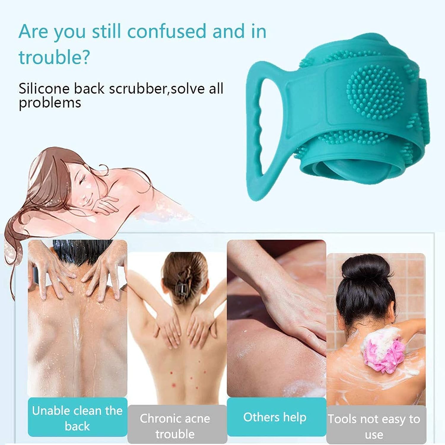 Dealsure Silicone Body Back Scrubber, Double Side Bathing Brush for Skin Deep Cleaning Massage, Dead Skin Removal Exfoliating Belt for Shower, for Men & Women (Multicolor)