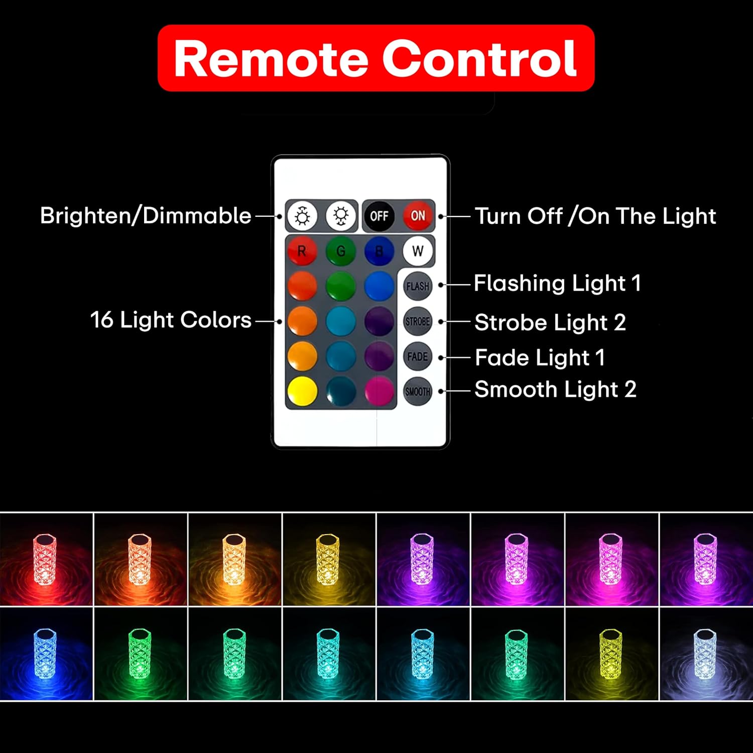 PRIME PICK Crystal Lamp,16 Color Changing Rose Crystal Diamond Table Lamp,USB Rechargeable Touch Bedside Lamp Night Light with Remote Control, for Bedroom Living Room Party Dinner Decor