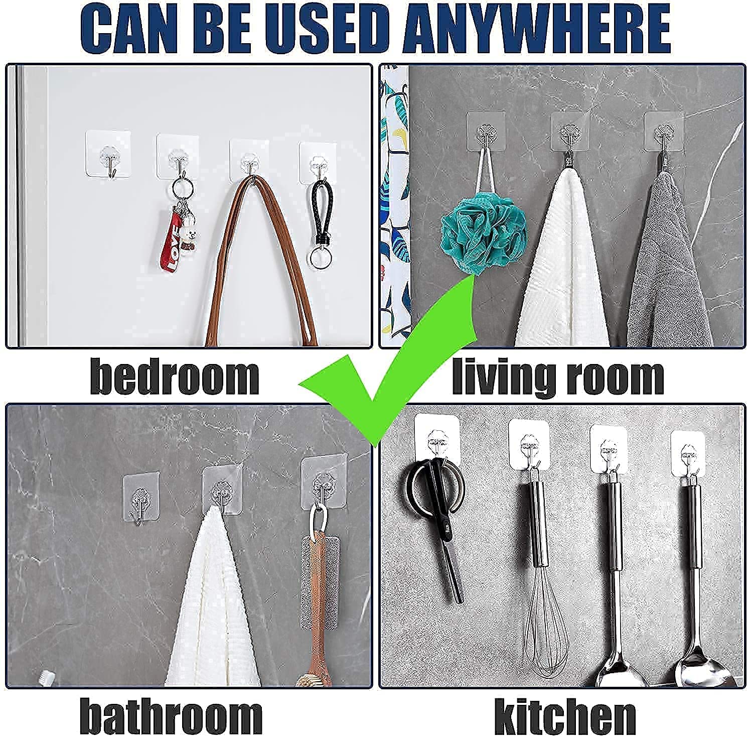 Solitude 20 Pcs PVC Heavy Duty Self Adhesive Stainless Hooks, Transparent Waterproof and Oilproof Wall Hooks for Kitchen Bathroom Shower Door Outdoor Home Improvement Utility Hook