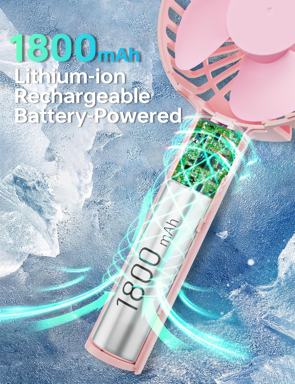 UN1QUE Mini Hand Fan Rechargeable, Powerful Brushless Motor Handheld Fan, 3 Speed Large Blades, 1800mAh Battery, Personal Small Fan with Base for Women and Men (Pink)