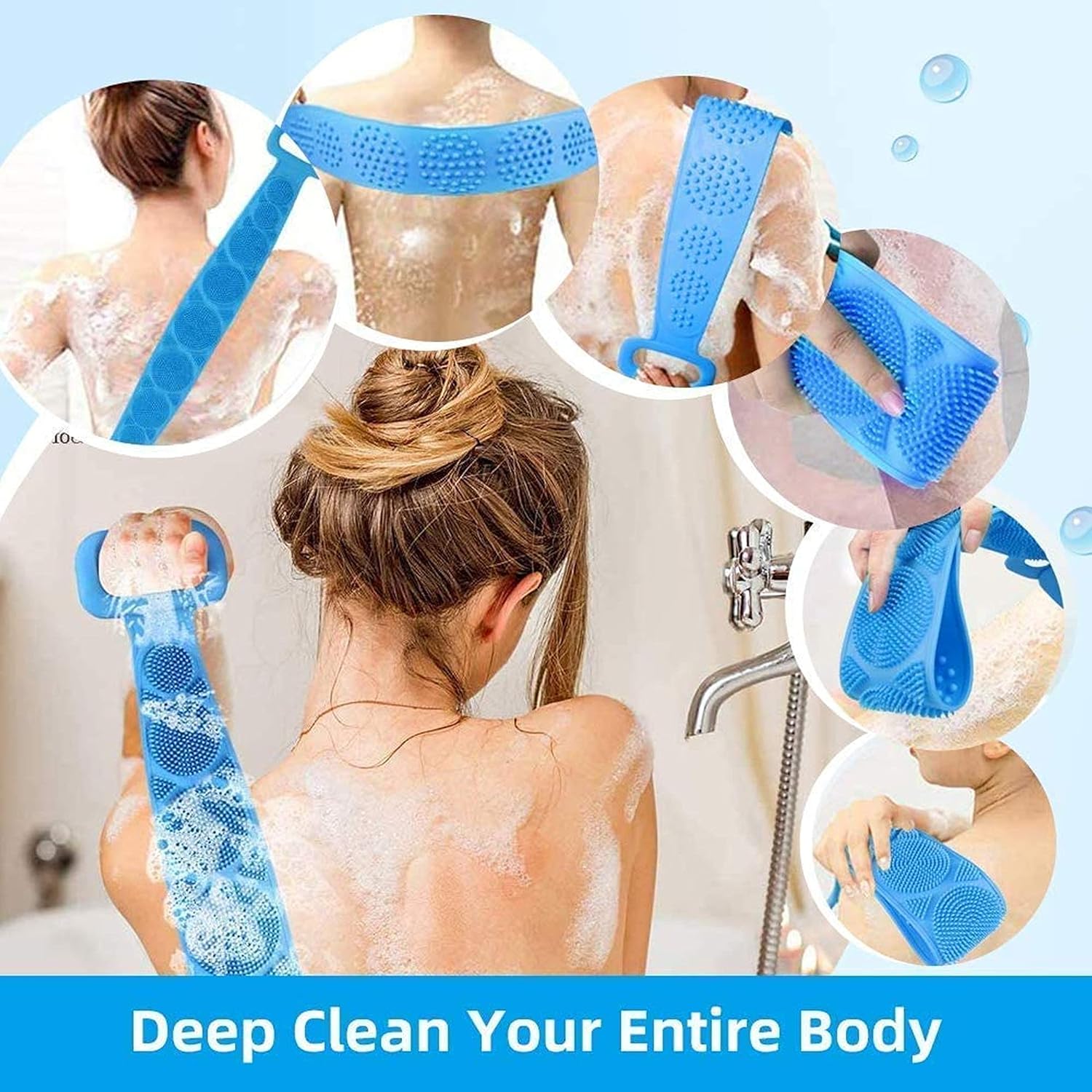 Dealsure Silicone Body Back Scrubber, Double Side Bathing Brush for Skin Deep Cleaning Massage, Dead Skin Removal Exfoliating Belt for Shower, for Men & Women (Multicolor)