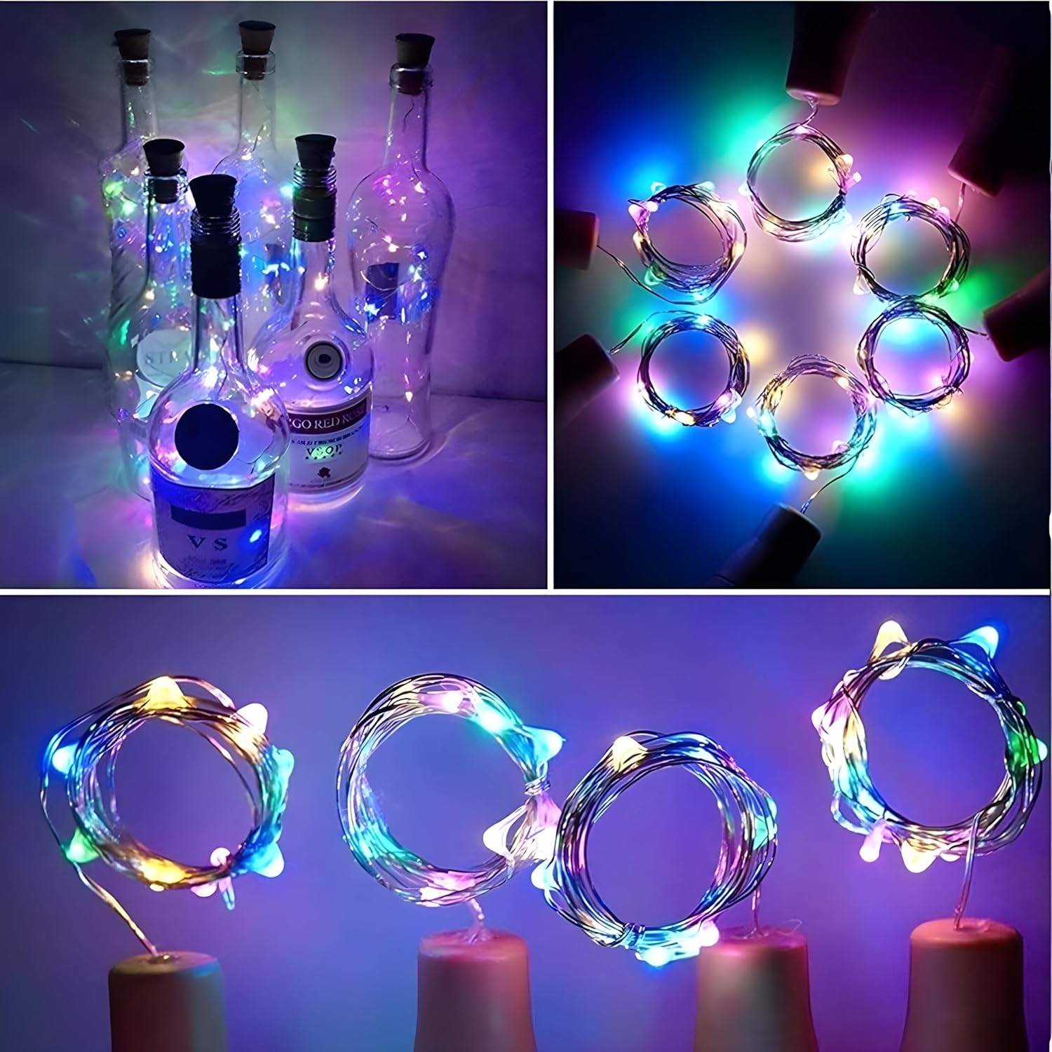 Dazzling & Divine 20 LED Multi Color Wine Bottle Cork Lights Copper Wire String Lights, 2M Battery Operated Wine Bottle Fairy Lights (RGB, Pack of 2 Units)