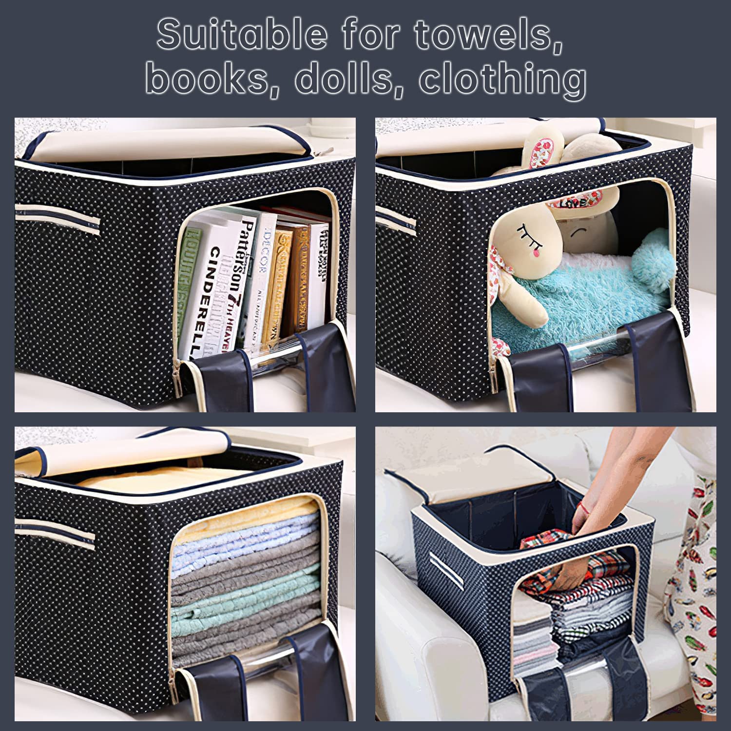 Nirency Foldable & Collapsible Large 66L Garment Storage Bag For Wardrobe, Cloth Organizer Clothes Box, Saree Cover Dress Organiser (Pack Of 1) (Oxford Fabric Metal), Blue